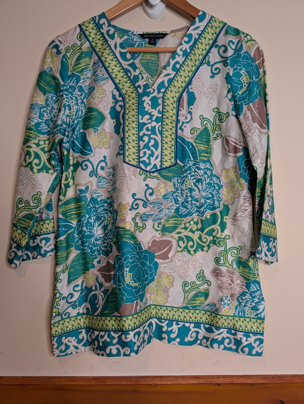 Brooks Brothers 346 Tunic Top Womens S Teal Green Floral Cotton V-Neck